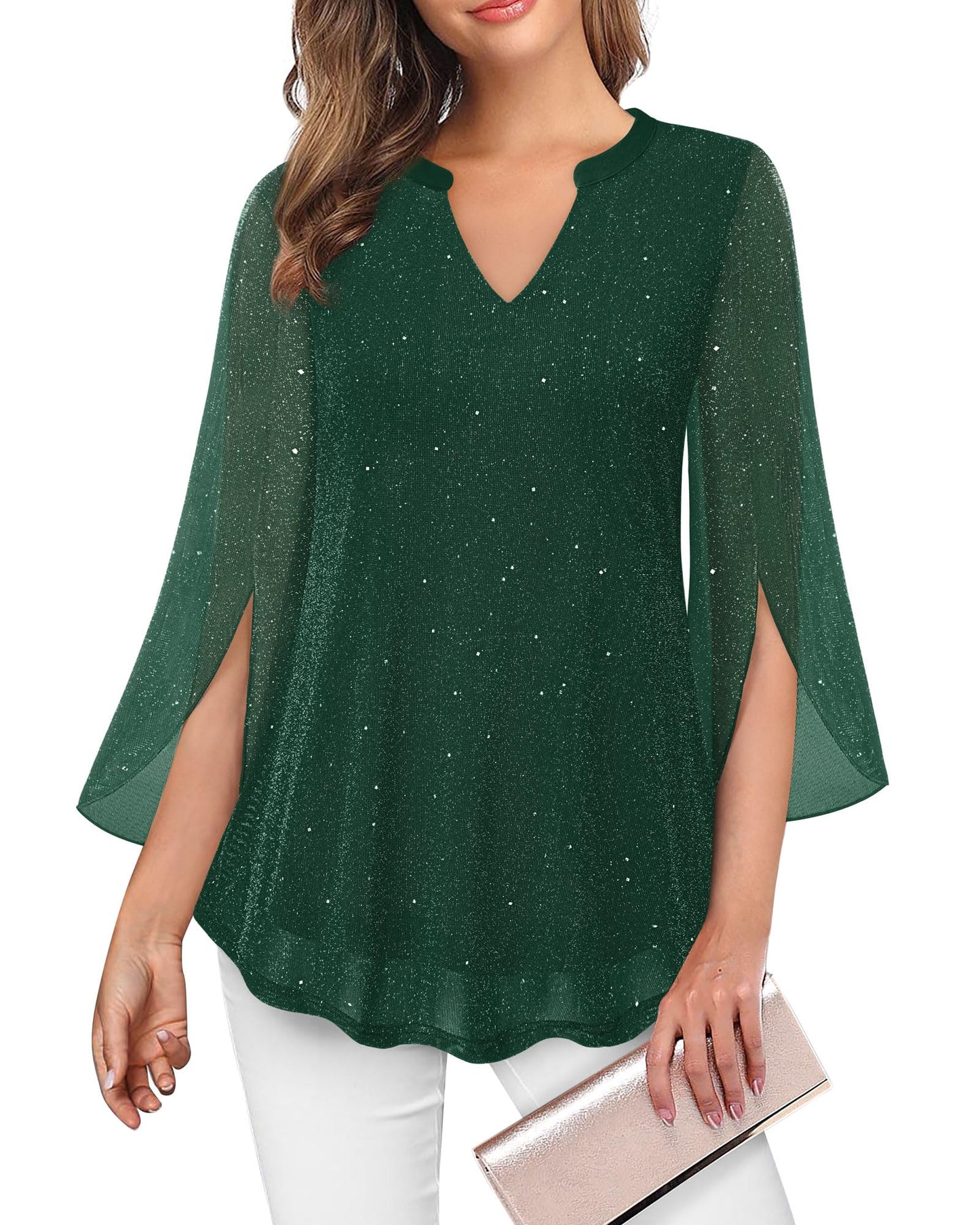 VALOLIA Women's 3/4 Sleeve Floral Tunic Tops V Neck Double Layers Loose Fit Mesh Blouses Shirt