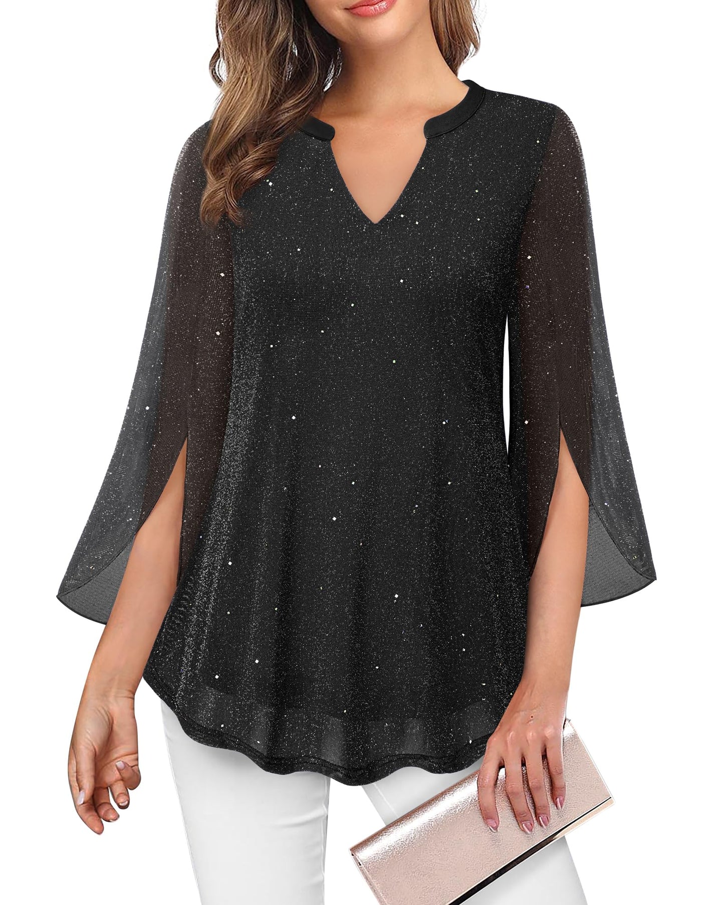 VALOLIA Women's 3/4 Sleeve Floral Tunic Tops V Neck Double Layers Loose Fit Mesh Blouses Shirt