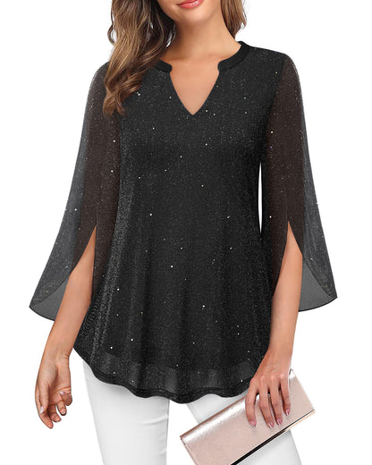 VALOLIA Women's 3/4 Sleeve Floral Tunic Tops V Neck Double Layers Loose Fit Mesh Blouses Shirt