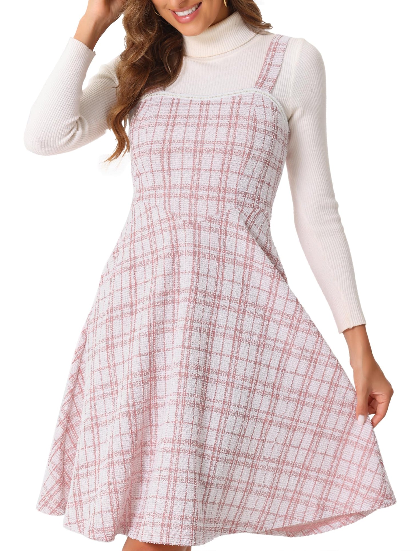 Allegra K Tweed Dress for Women Sleeveless Square Neck Plaid A-Line Pinafore Overall Dresses