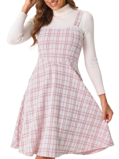 Allegra K Tweed Dress for Women Sleeveless Square Neck Plaid A-Line Pinafore Overall Dresses