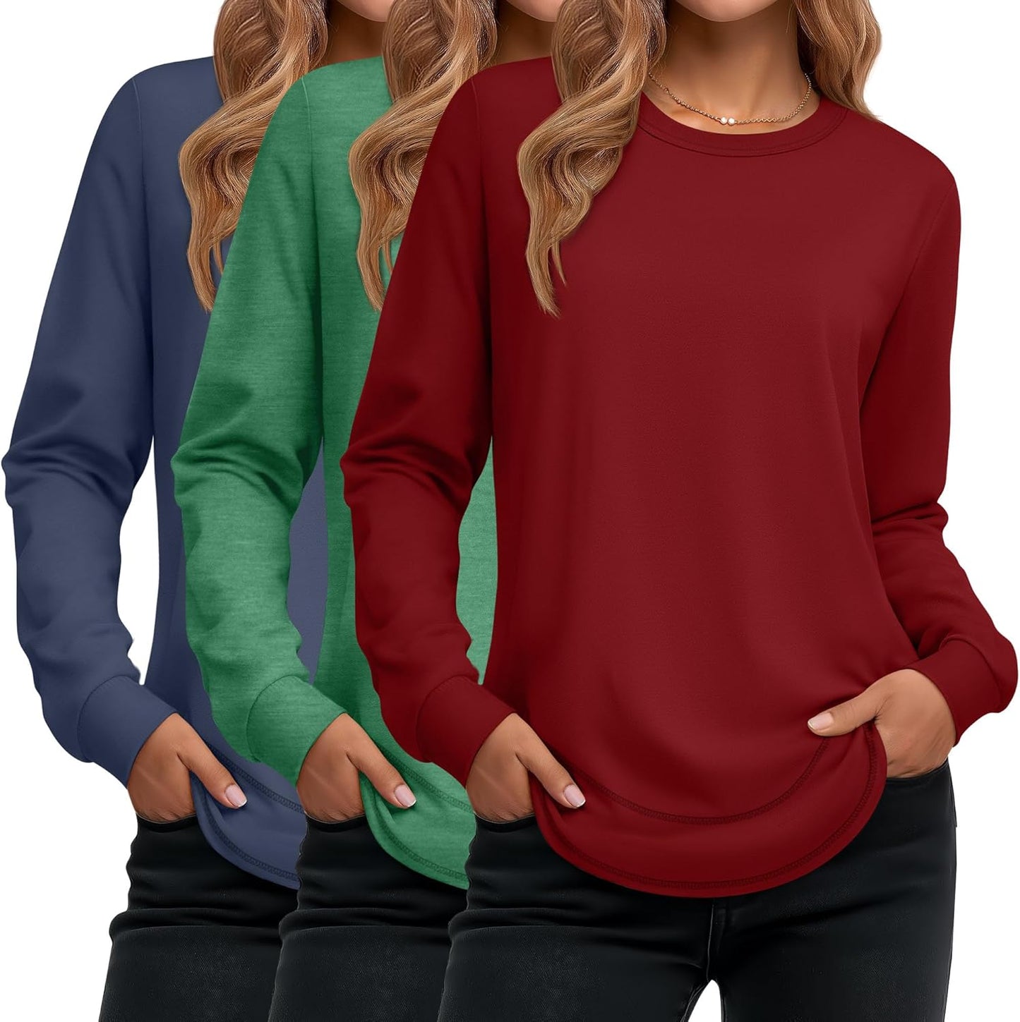 Ficerd 3 Pack Women's Long Sleeve Shirts, Cotton Crew Neck Tunic Tops Casual Loose Fit Pullover Sweatshirts Curved Hem Shirts