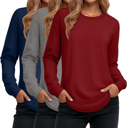 Ficerd 3 Pack Women's Long Sleeve Shirts, Cotton Crew Neck Tunic Tops Casual Loose Fit Pullover Sweatshirts Curved Hem Shirts