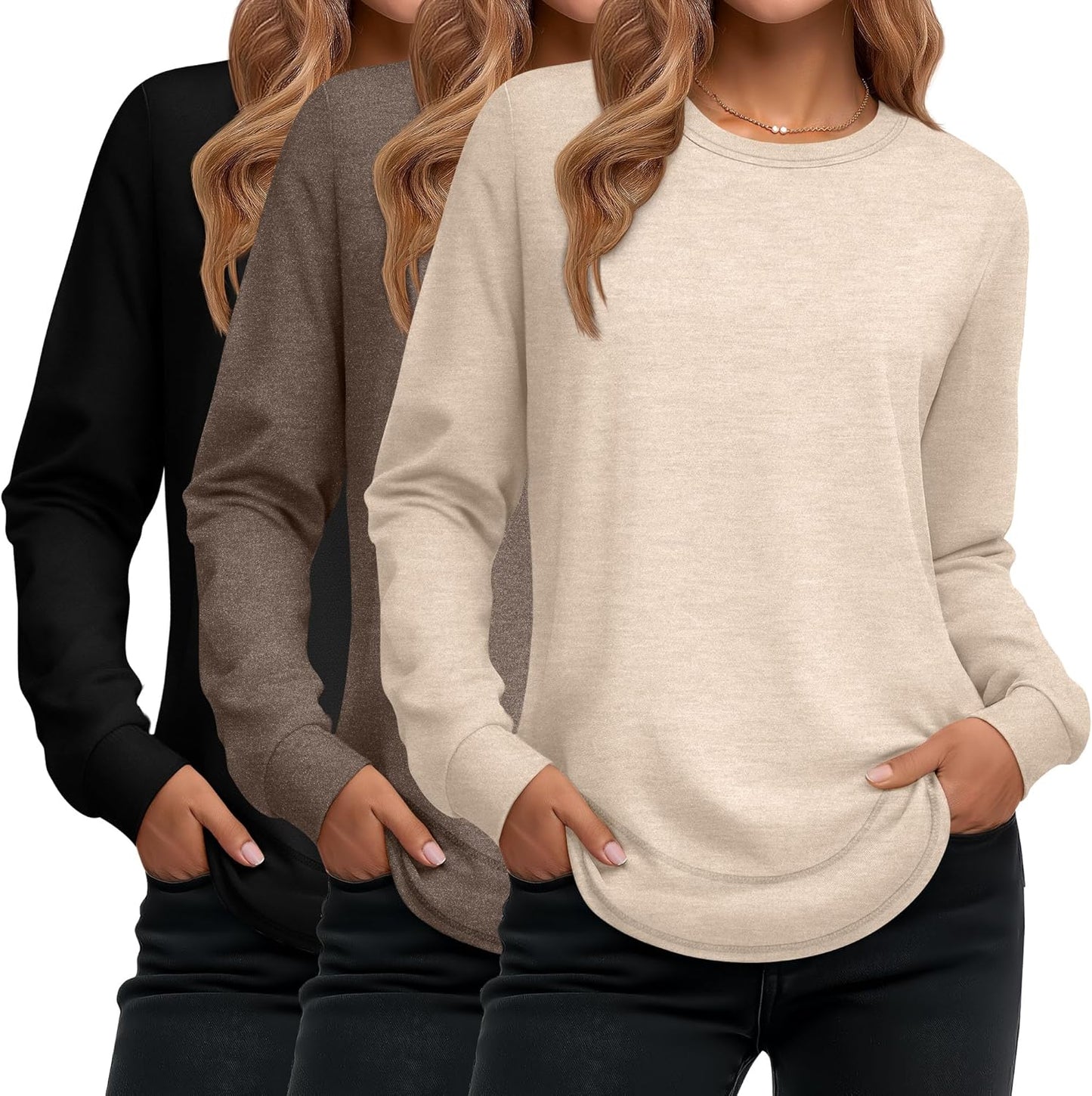 Ficerd 3 Pack Women's Long Sleeve Shirts, Cotton Crew Neck Tunic Tops Casual Loose Fit Pullover Sweatshirts Curved Hem Shirts