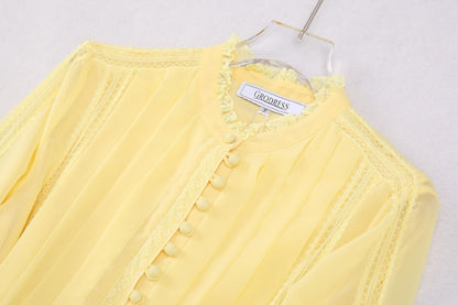 Women's 2026 Spring Fall Midi Dress with Belt Casual Long Sleeve Lace V Neck Pleated A Line Flowy Dresses for Work or Daily