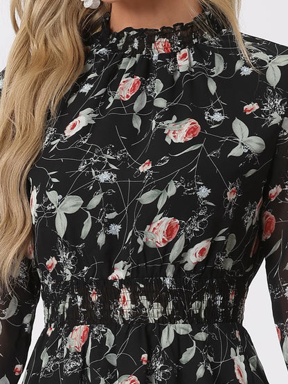 Allegra K Women's Floral Dress Chiffon Long Sleeve Mock Neck Ruffle Layered Smocked Mini Dresses