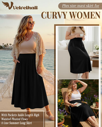 Plus Size Maxi Skirt for Curvy Women Pockets 2026 Ankle Length High Waisted Pleated Flowy a Line Summer Long Skirt