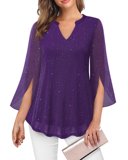 VALOLIA Women's 3/4 Sleeve Floral Tunic Tops V Neck Double Layers Loose Fit Mesh Blouses Shirt