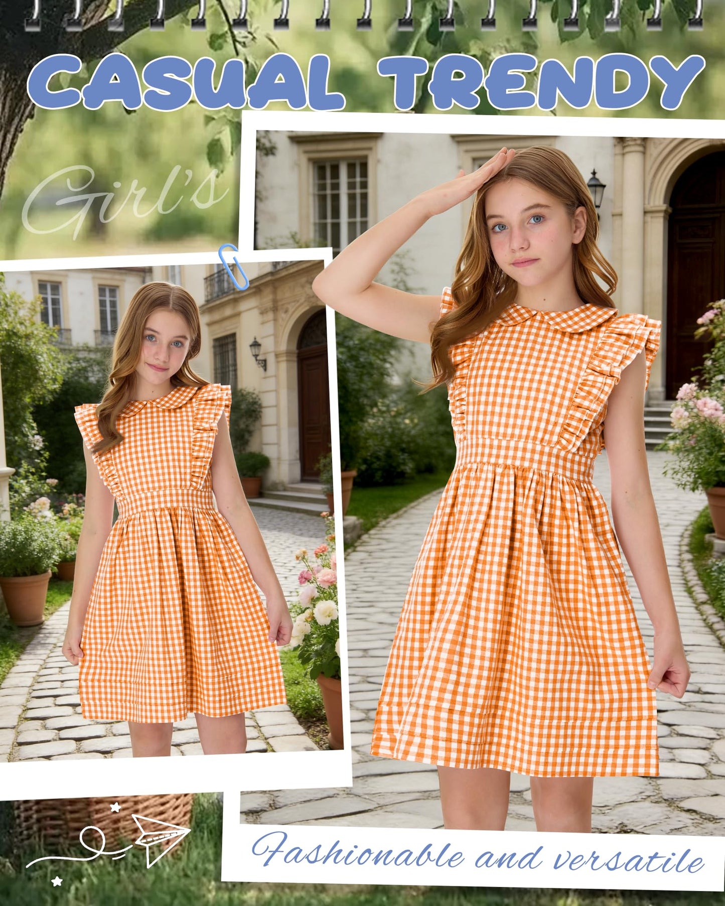 Xaatren Girls' Ruffle Sleeves Dress 5-14 Years Doll Collar Plaid Midi Length Gingham Flutter Pockets Summer Dress with Zipper
