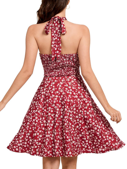 Women's Sexy Sundress Halter V Neck Tie Back Sleeveless Ruffle Mini Short Summer Beach Dresses