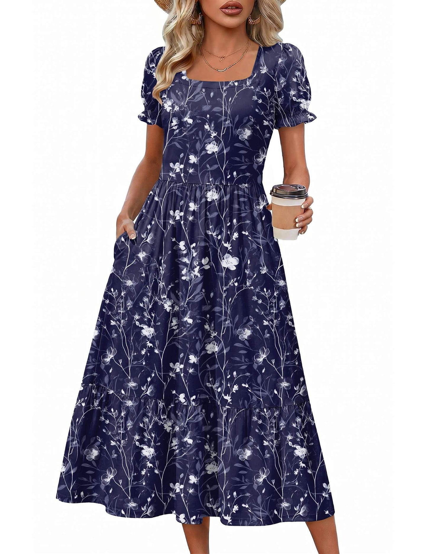 Zeagoo Summer Dresses for Women Flowy Casual Midi Dress Short Sleeve Tiered Dress Beach Vacation Sundresses with Pockets