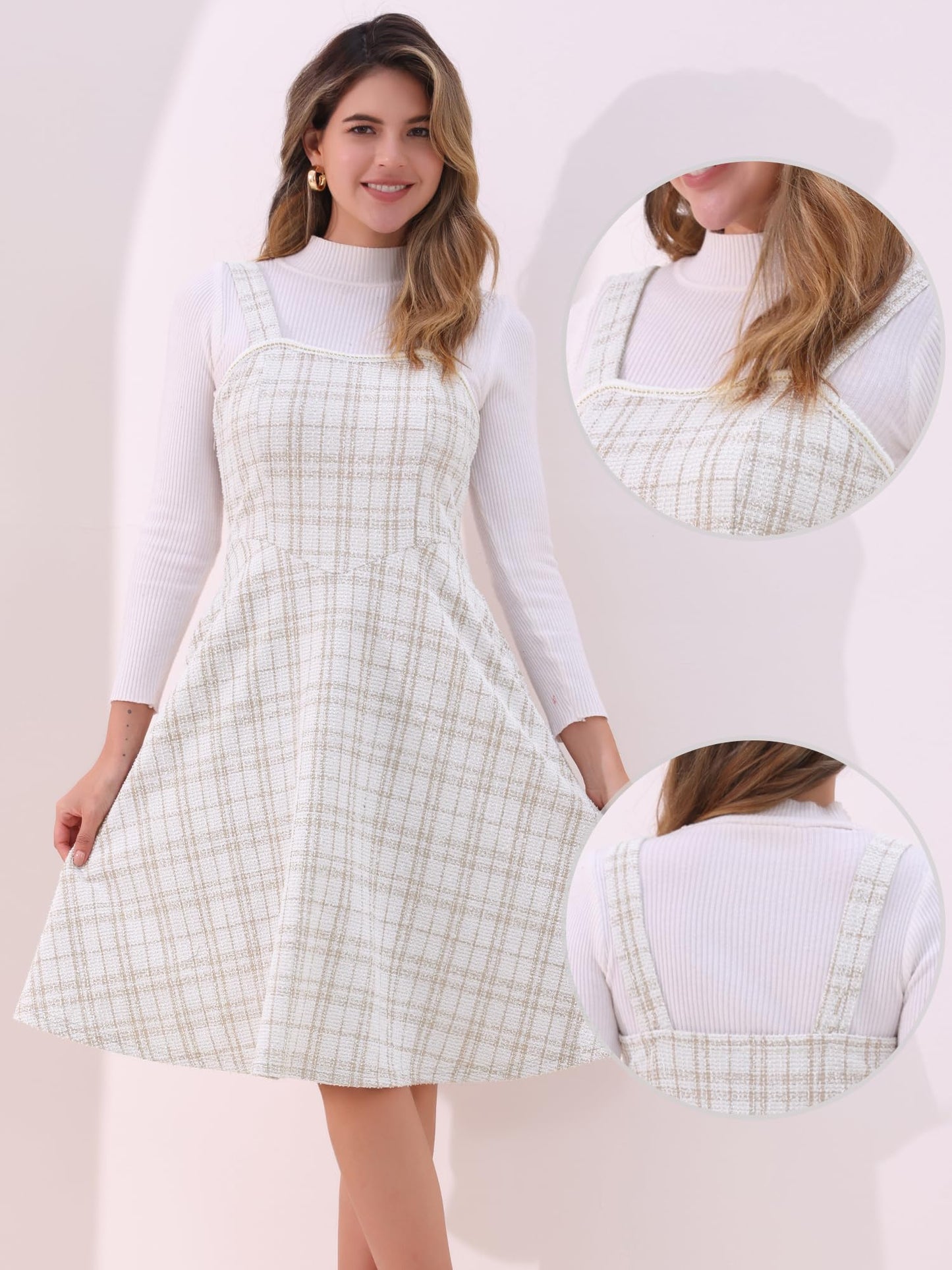 Allegra K Tweed Dress for Women Sleeveless Square Neck Plaid A-Line Pinafore Overall Dresses