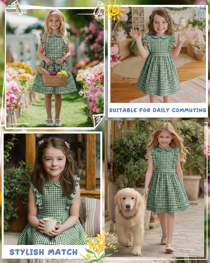 Xaatren Girls' Ruffle Sleeves Dress 5-14 Years Doll Collar Plaid Midi Length Gingham Flutter Pockets Summer Dress with Zipper
