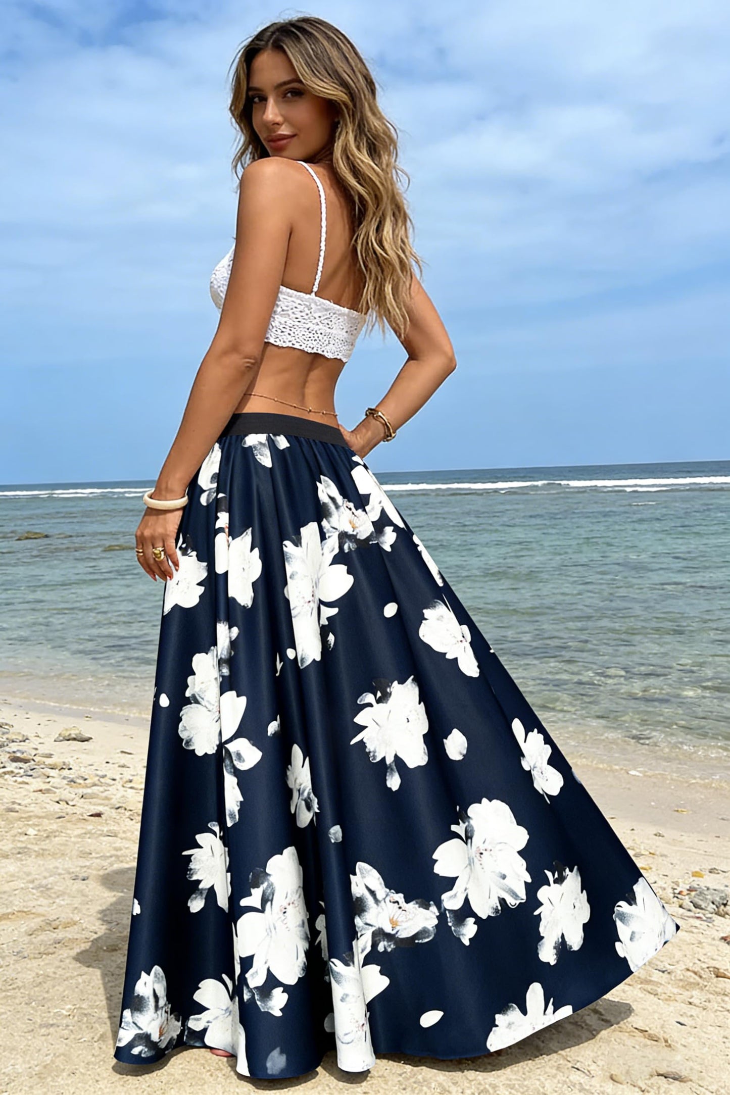Women's Chiffon Stripe Maxi Skirt High Waist Mopping Floor Skirts