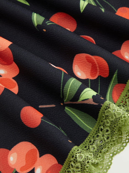 CIDER Women's Floral Mini Dress Fruit Sleeveless V Neck Lace Trim Sun Dress A Line Cute Summer Dresses Beach Vacation Outfits