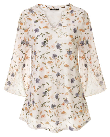 VALOLIA Women's 3/4 Sleeve Floral Tunic Tops V Neck Double Layers Loose Fit Mesh Blouses Shirt