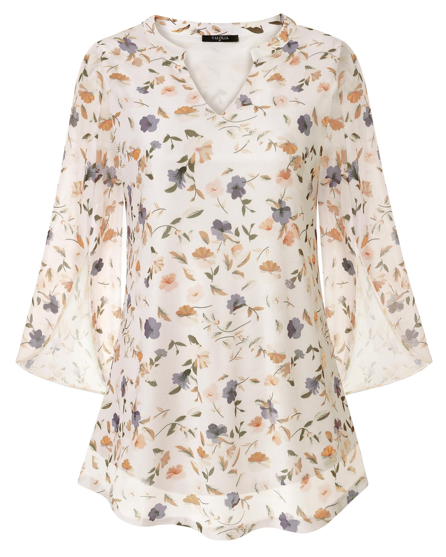 VALOLIA Women's 3/4 Sleeve Floral Tunic Tops V Neck Double Layers Loose Fit Mesh Blouses Shirt