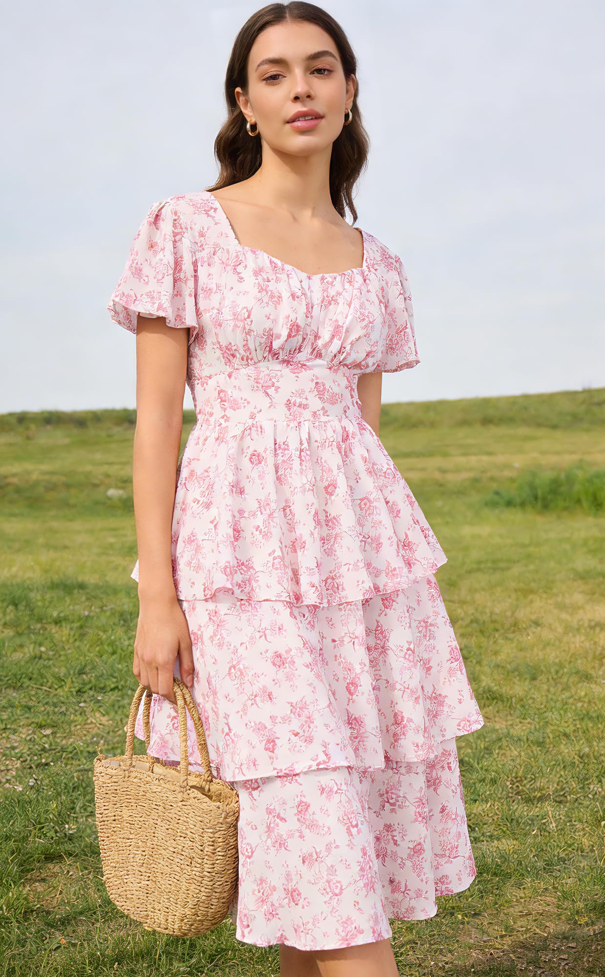 Belle Poque Women's Vintage Square Neck Dress 2026 Summer Short Sleeve Layered Tiered Ruffle A-line Swing Midi Dress