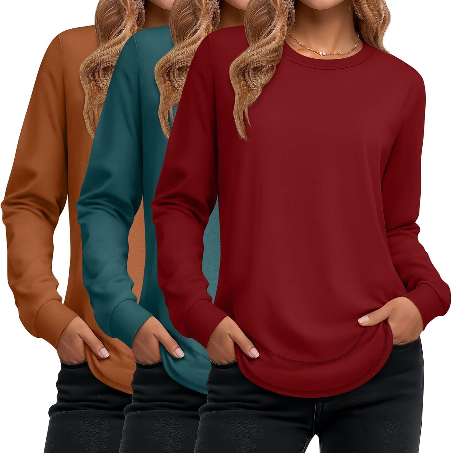 Ficerd 3 Pack Women's Long Sleeve Shirts, Cotton Crew Neck Tunic Tops Casual Loose Fit Pullover Sweatshirts Curved Hem Shirts
