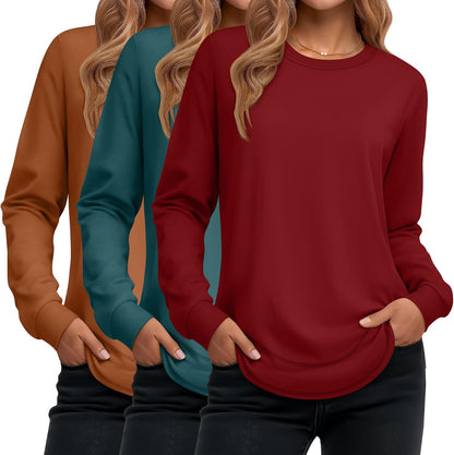 Ficerd 3 Pack Women's Long Sleeve Shirts, Cotton Crew Neck Tunic Tops Casual Loose Fit Pullover Sweatshirts Curved Hem Shirts