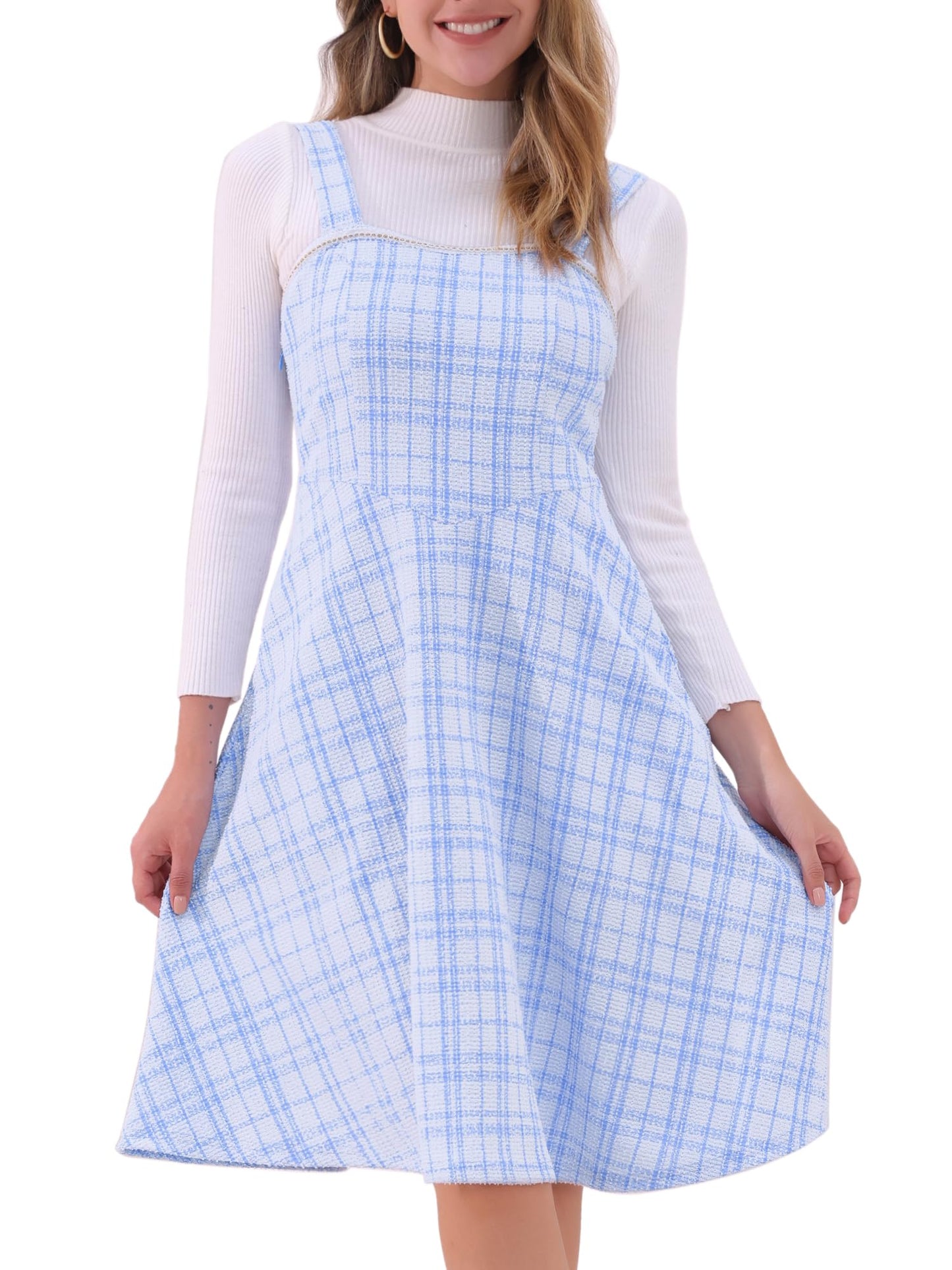 Allegra K Tweed Dress for Women Sleeveless Square Neck Plaid A-Line Pinafore Overall Dresses