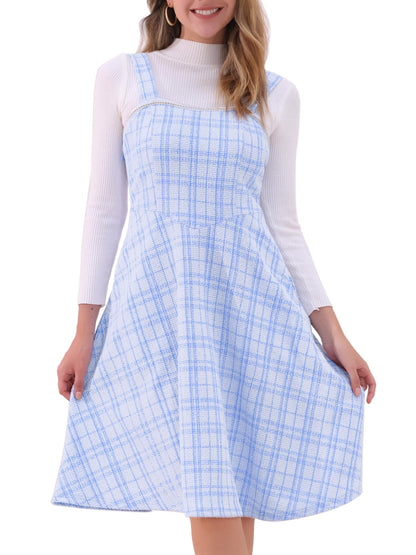 Allegra K Tweed Dress for Women Sleeveless Square Neck Plaid A-Line Pinafore Overall Dresses