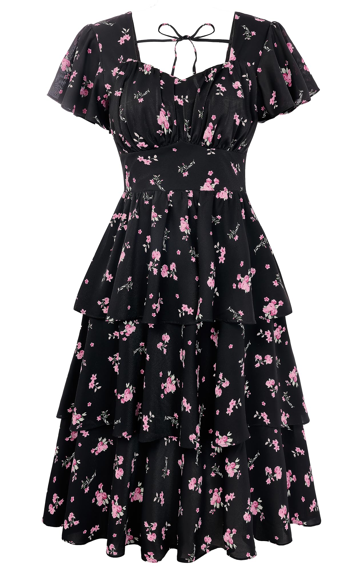 Belle Poque Women's Vintage Square Neck Dress 2026 Summer Short Sleeve Layered Tiered Ruffle A-line Swing Midi Dress