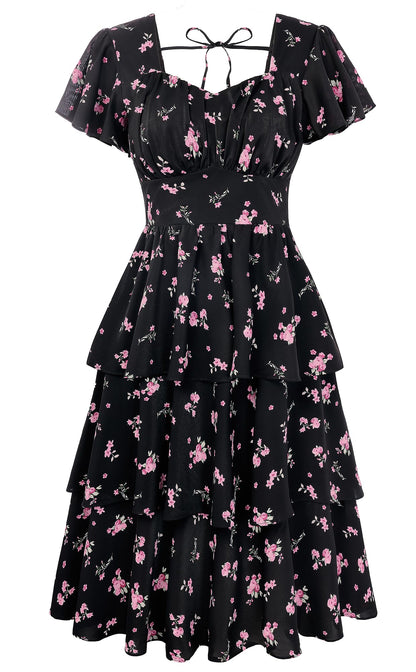 Belle Poque Women's Vintage Square Neck Dress 2026 Summer Short Sleeve Layered Tiered Ruffle A-line Swing Midi Dress