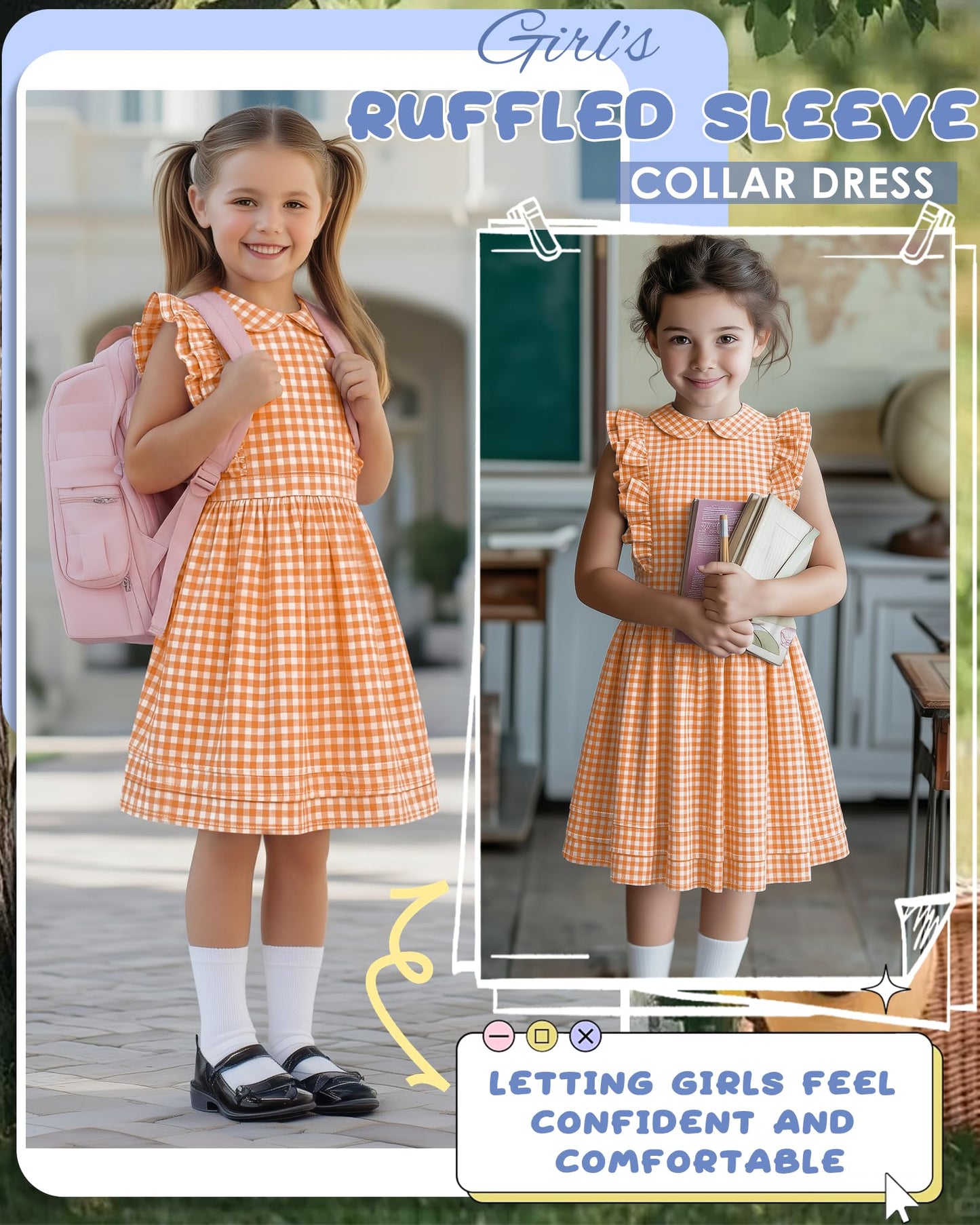 Xaatren Girls' Ruffle Sleeves Dress 5-14 Years Doll Collar Plaid Midi Length Gingham Flutter Pockets Summer Dress with Zipper
