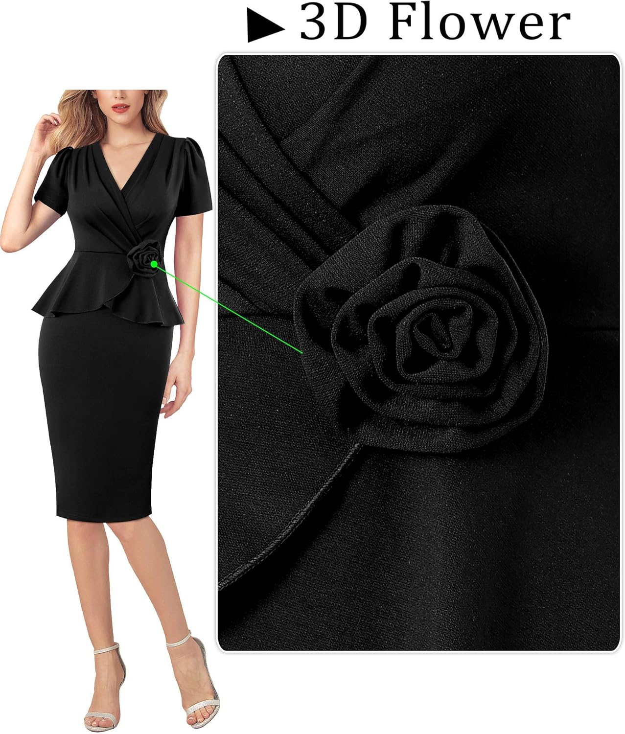 VFSHOW Womens 2024 Business Work Office 3D Flower Pleated Puff Sleeve Faux Wrap V Neck Slim Bodycon Pencil Dress