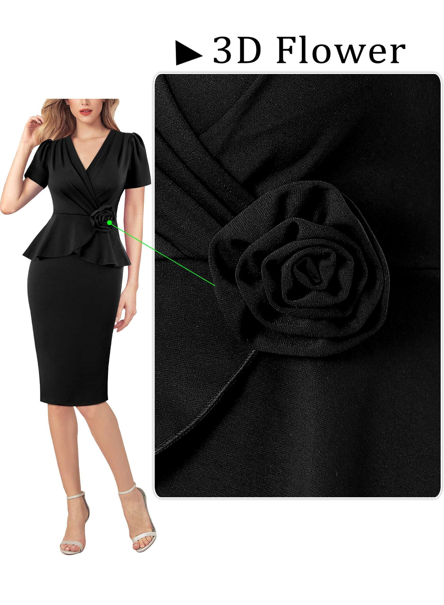 VFSHOW Womens 2024 Business Work Office 3D Flower Pleated Puff Sleeve Faux Wrap V Neck Slim Bodycon Pencil Dress