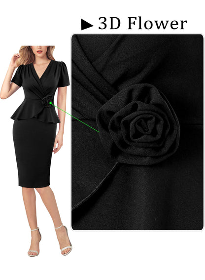 VFSHOW Womens 2024 Business Work Office 3D Flower Pleated Puff Sleeve Faux Wrap V Neck Slim Bodycon Pencil Dress