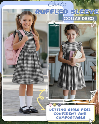 Xaatren Girls' Ruffle Sleeves Dress 5-14 Years Doll Collar Plaid Midi Length Gingham Flutter Pockets Summer Dress with Zipper