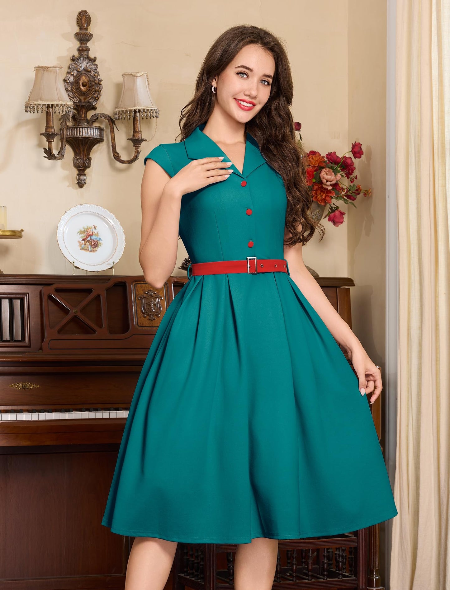 Women's 1950s Retro Dress Sleeveless Cocktail Prom Swing Midi Belt Dresses with Pockets Vintage Style