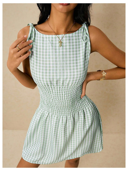 Floerns Women's Tie Shoulder A Line Gingham Dress Boat Neck Mini Checkered Elegant Dresses