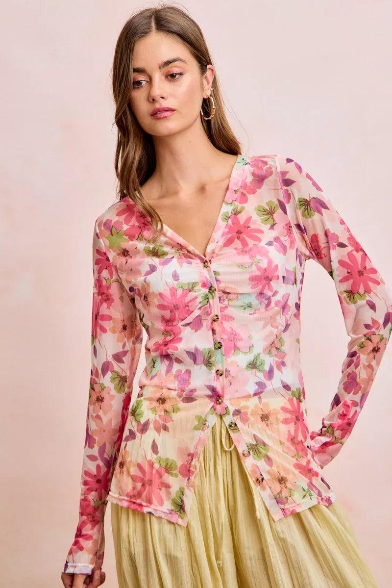 BiBi Floral Shrried Detail Button Up Mesh Cardigan Top