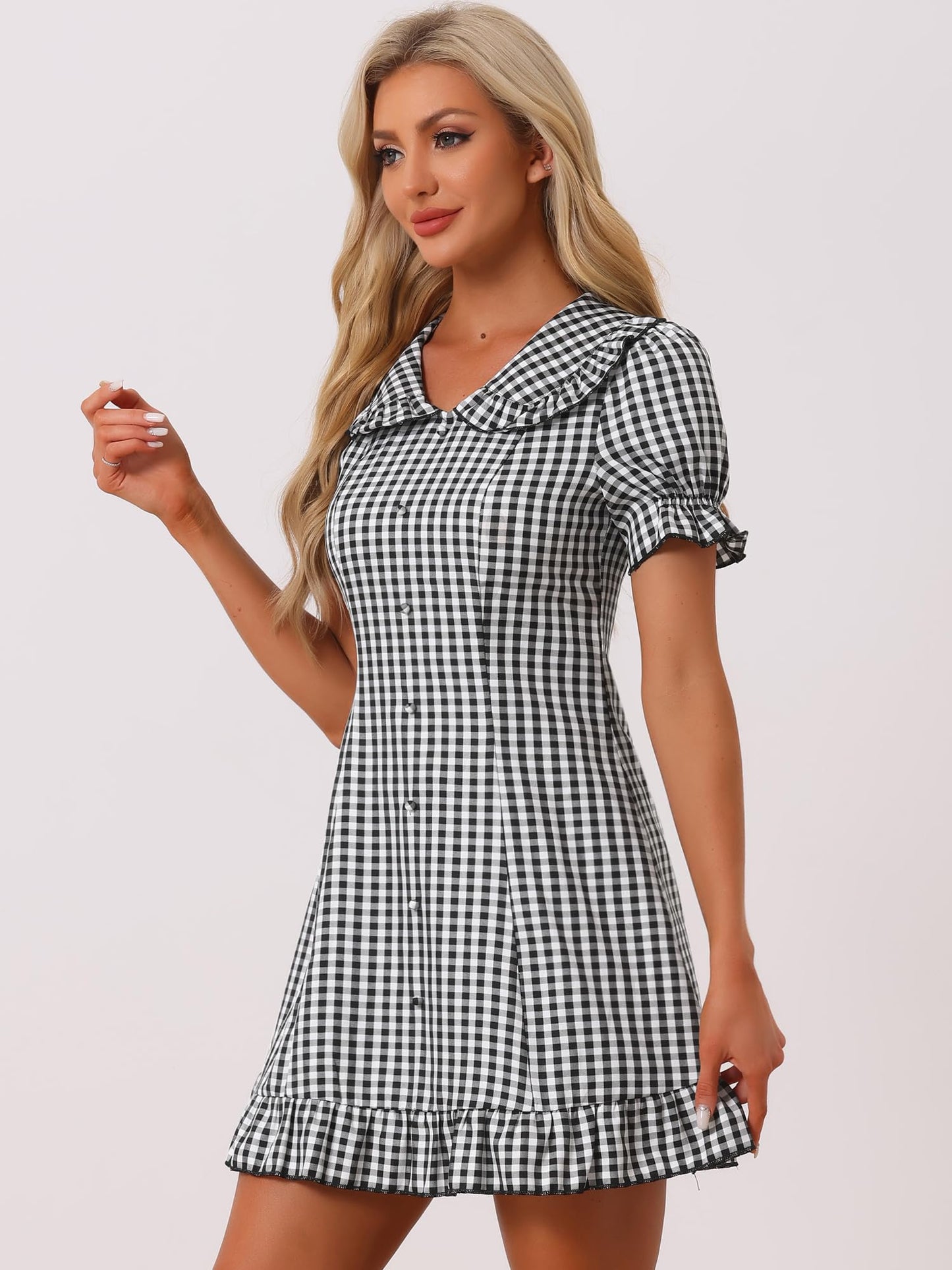 Allegra K Women's Gingham Checks Ruffled Peter Pan Collar Cute Mini Dress