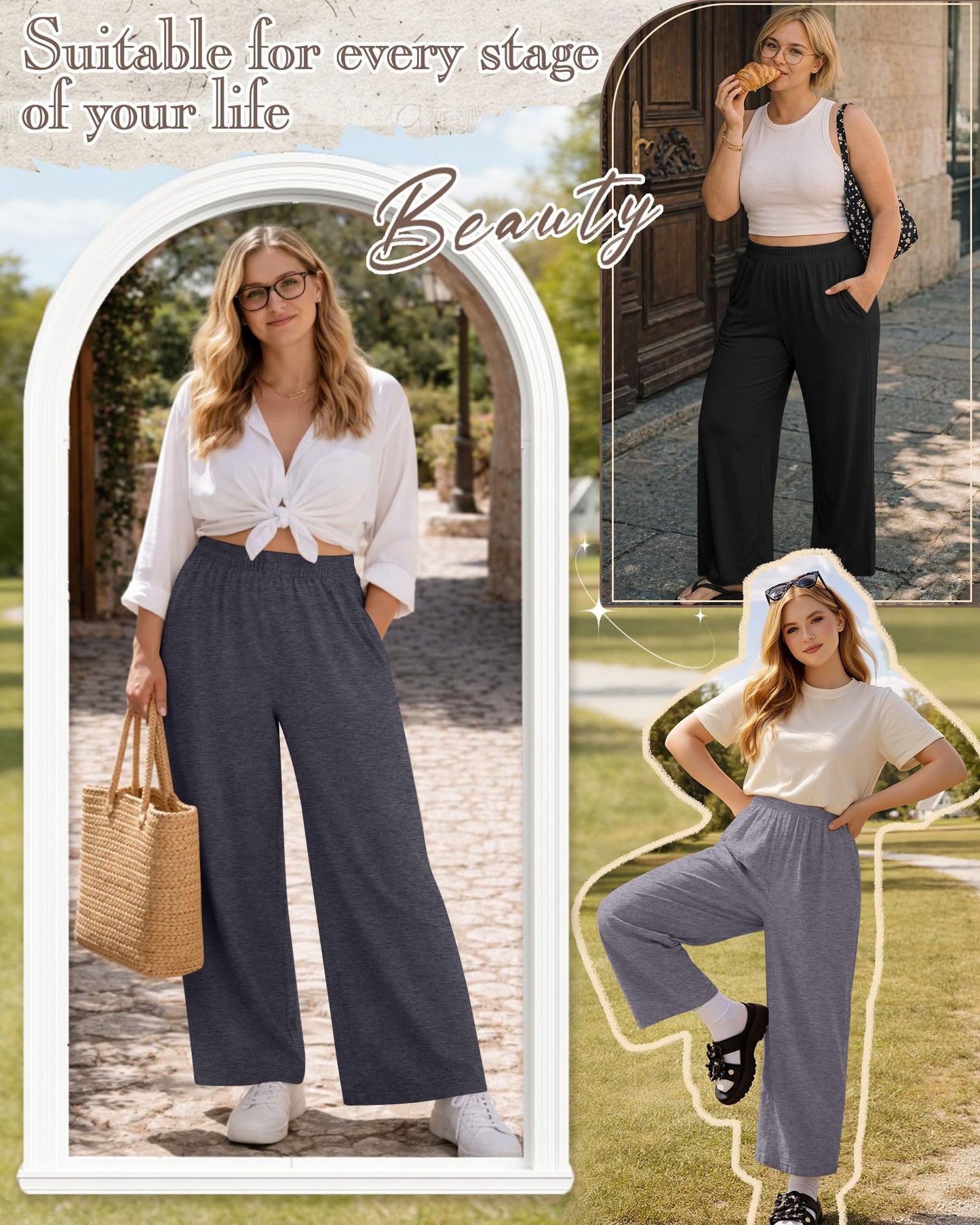 Evervibe 3 Pack Women Plus Size Wide Leg Pants Loose Fit Palazzo Lounge Yoga Sweatpants High Waist Casual Pajamas Pants