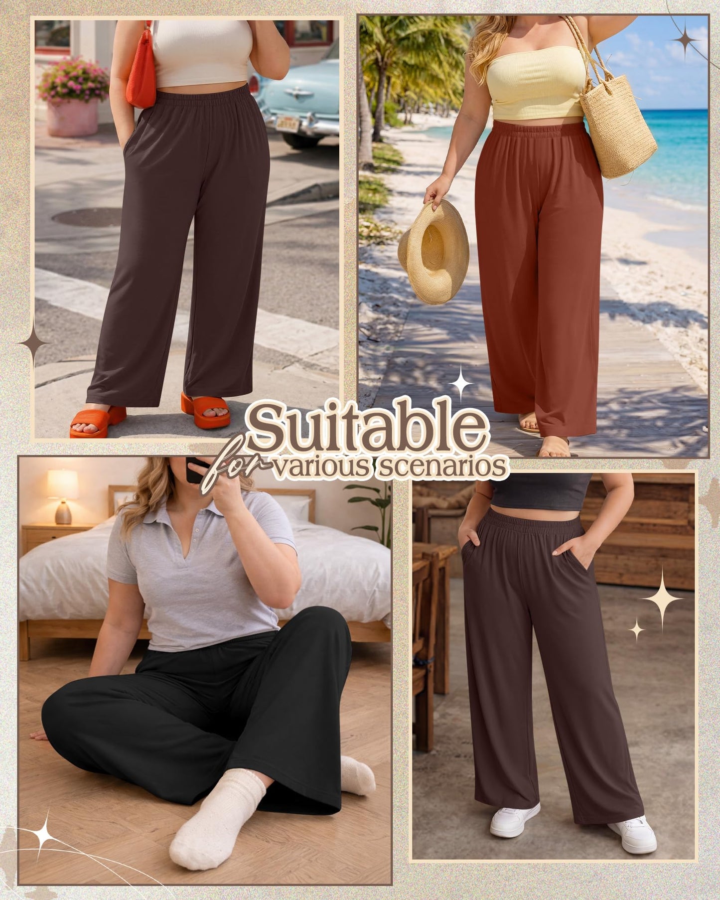 Evervibe 3 Pack Women Plus Size Wide Leg Pants Loose Fit Palazzo Lounge Yoga Sweatpants High Waist Casual Pajamas Pants
