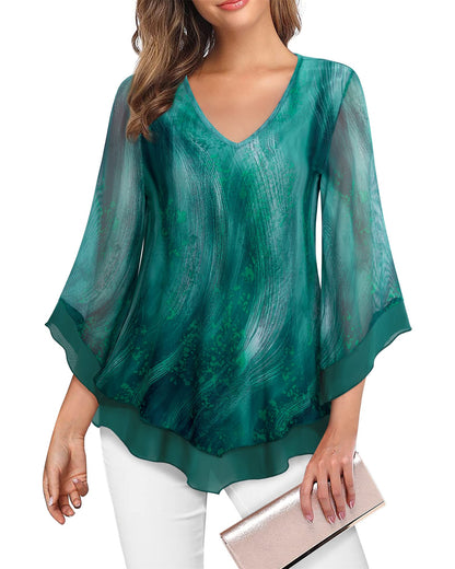 Lotusmile Womens Dressy Blouse Double Layers Mesh Shirt Ruffle 3/4 Flared Sleeve Tunic Tops