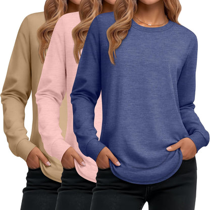 Ficerd 3 Pack Women's Long Sleeve Shirts, Cotton Crew Neck Tunic Tops Casual Loose Fit Pullover Sweatshirts Curved Hem Shirts
