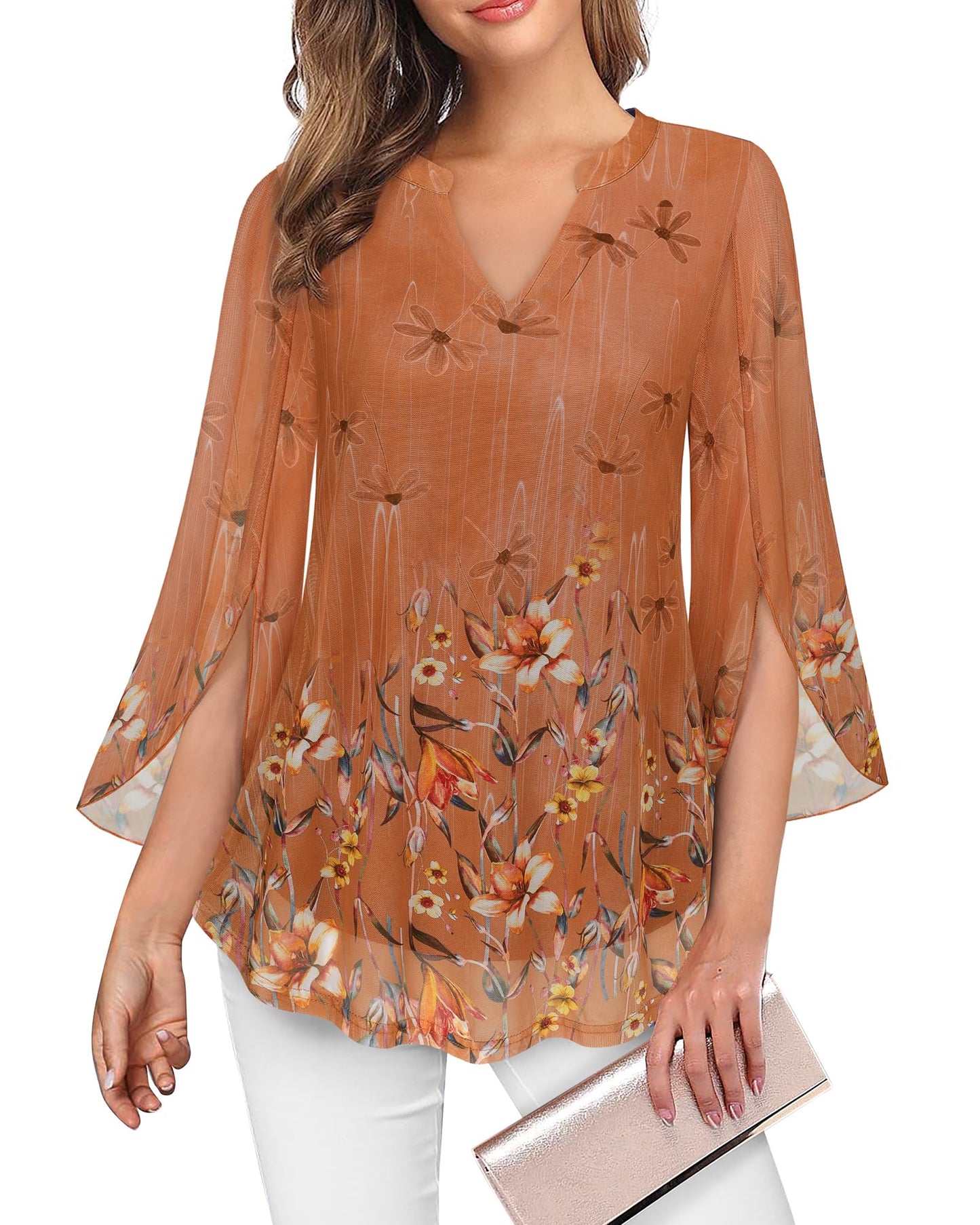 VALOLIA Women's 3/4 Sleeve Floral Tunic Tops V Neck Double Layers Loose Fit Mesh Blouses Shirt