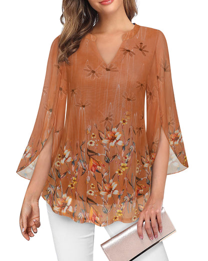VALOLIA Women's 3/4 Sleeve Floral Tunic Tops V Neck Double Layers Loose Fit Mesh Blouses Shirt