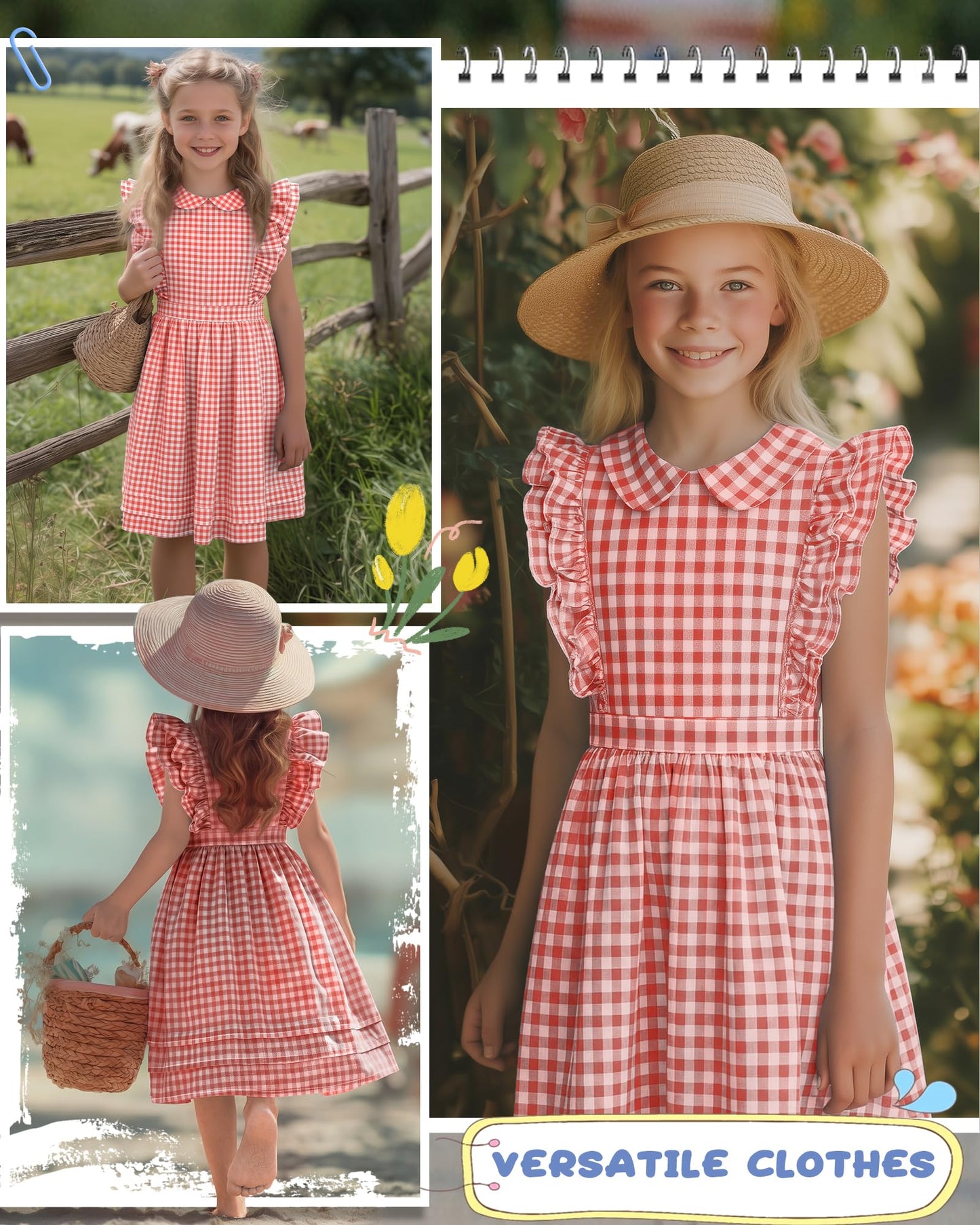 Xaatren Girls' Ruffle Sleeves Dress 5-14 Years Doll Collar Plaid Midi Length Gingham Flutter Pockets Summer Dress with Zipper
