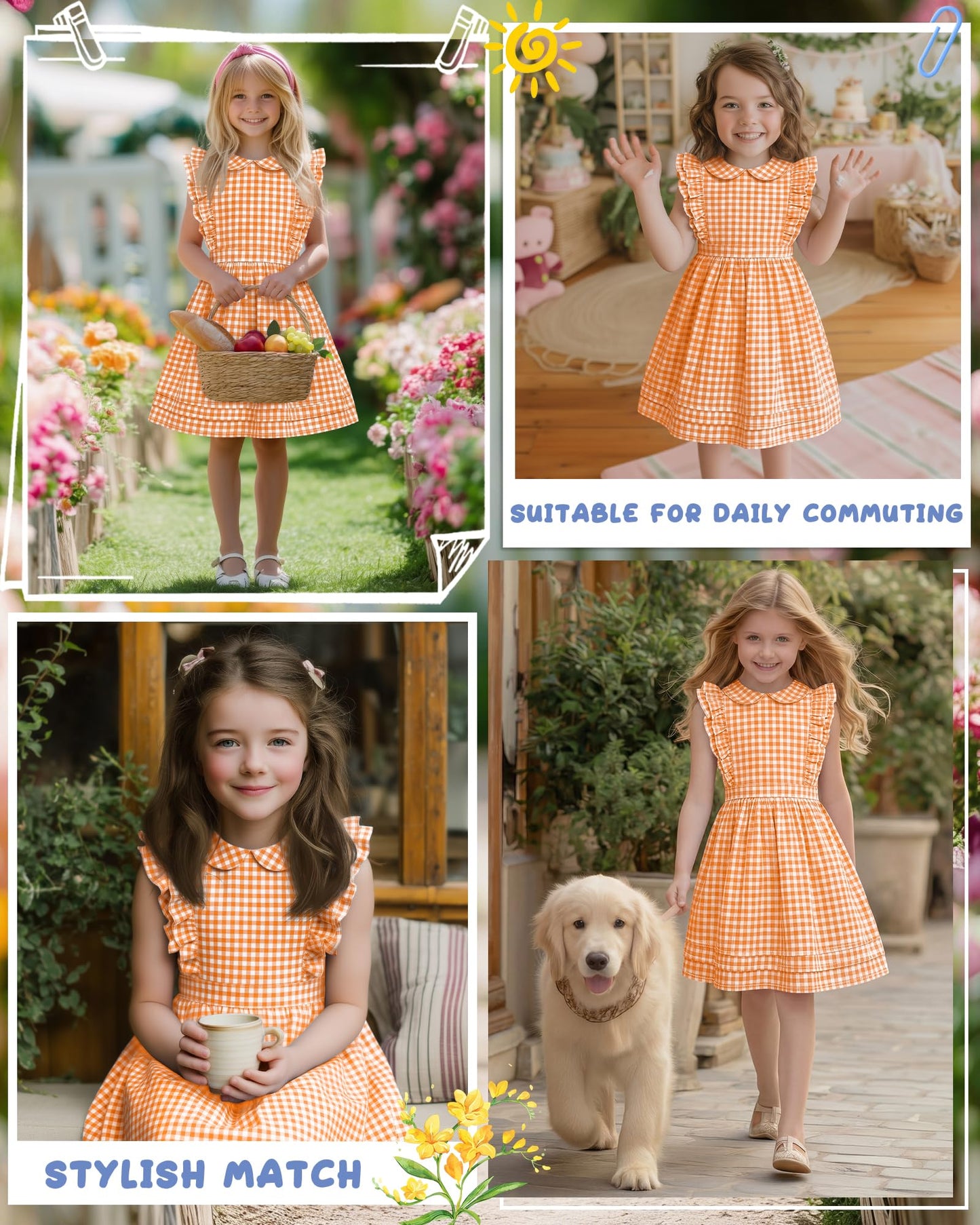 Xaatren Girls' Ruffle Sleeves Dress 5-14 Years Doll Collar Plaid Midi Length Gingham Flutter Pockets Summer Dress with Zipper