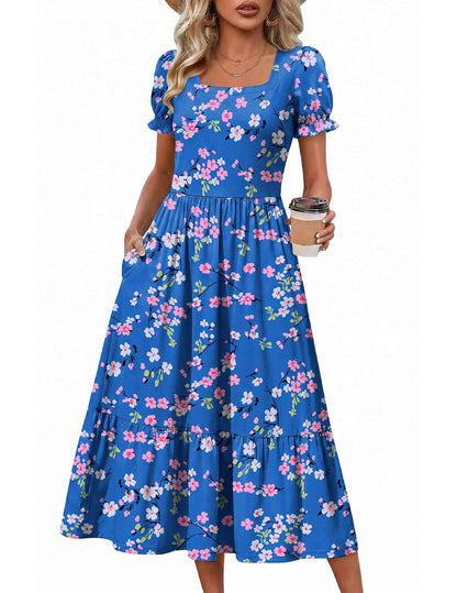 Zeagoo Summer Dresses for Women Flowy Casual Midi Dress Short Sleeve Tiered Dress Beach Vacation Sundresses with Pockets