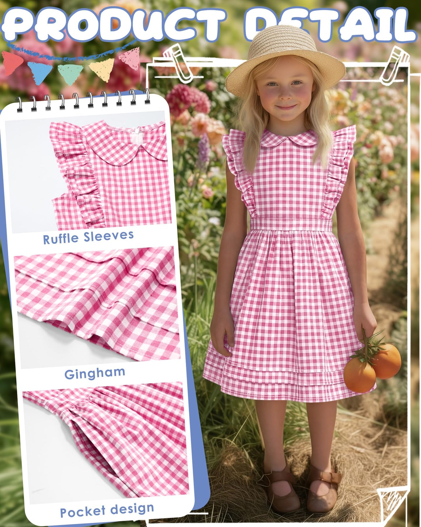 Xaatren Girls' Ruffle Sleeves Dress 5-14 Years Doll Collar Plaid Midi Length Gingham Flutter Pockets Summer Dress with Zipper