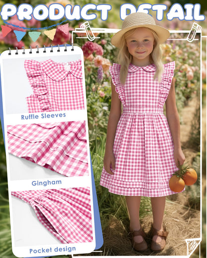 Xaatren Girls' Ruffle Sleeves Dress 5-14 Years Doll Collar Plaid Midi Length Gingham Flutter Pockets Summer Dress with Zipper