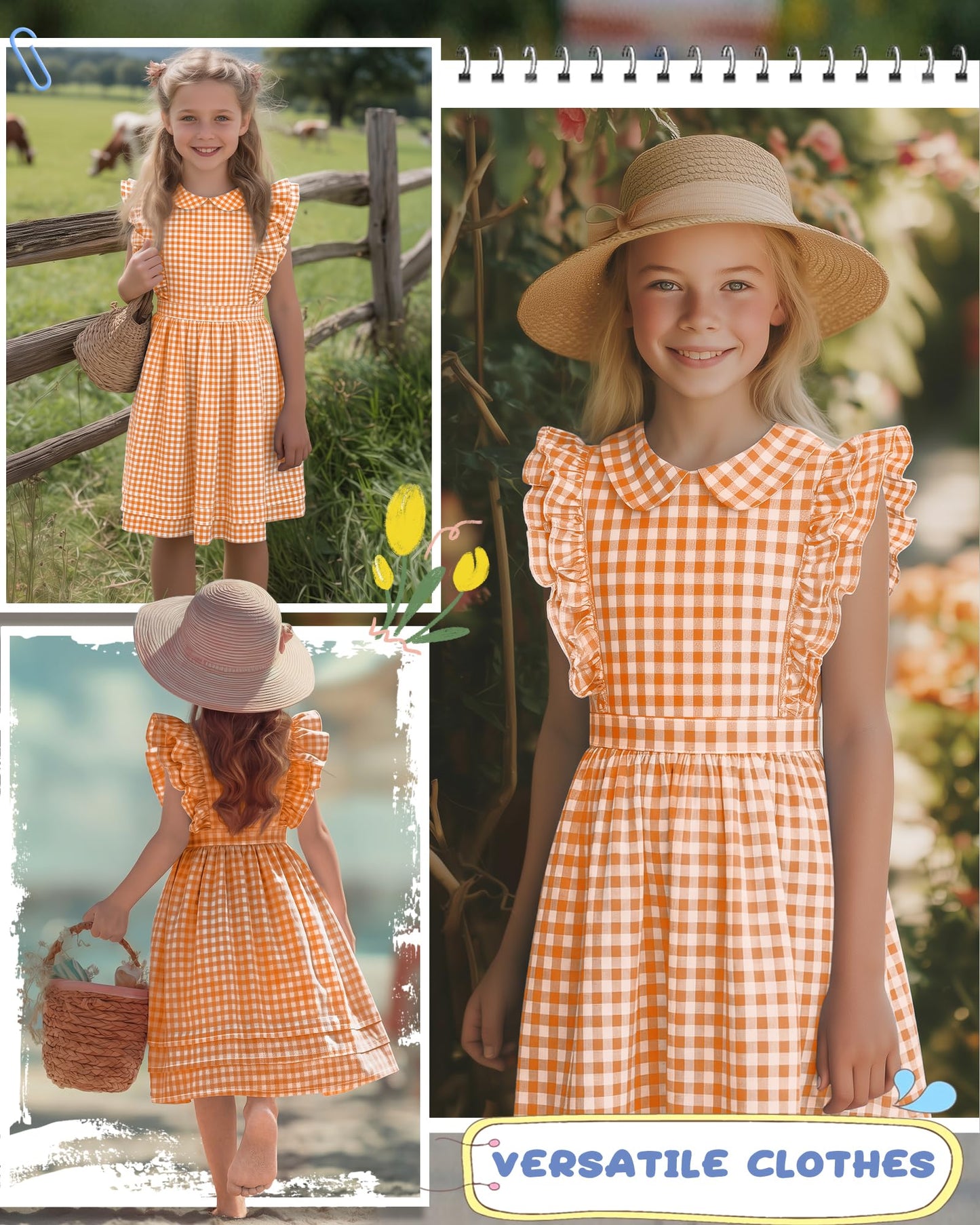 Xaatren Girls' Ruffle Sleeves Dress 5-14 Years Doll Collar Plaid Midi Length Gingham Flutter Pockets Summer Dress with Zipper