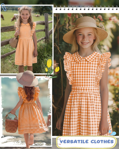 Xaatren Girls' Ruffle Sleeves Dress 5-14 Years Doll Collar Plaid Midi Length Gingham Flutter Pockets Summer Dress with Zipper